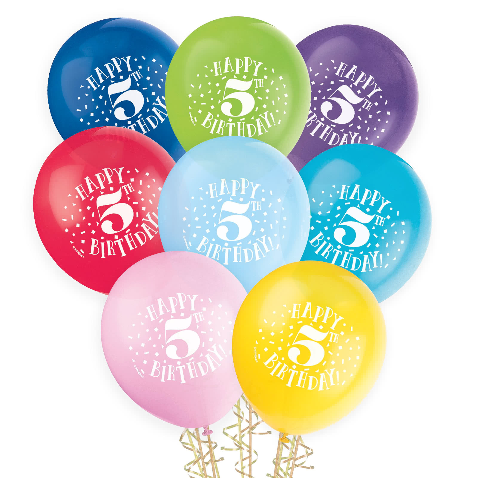 5th Birthday Coloured Balloons 30cm Round (Pack of 8)