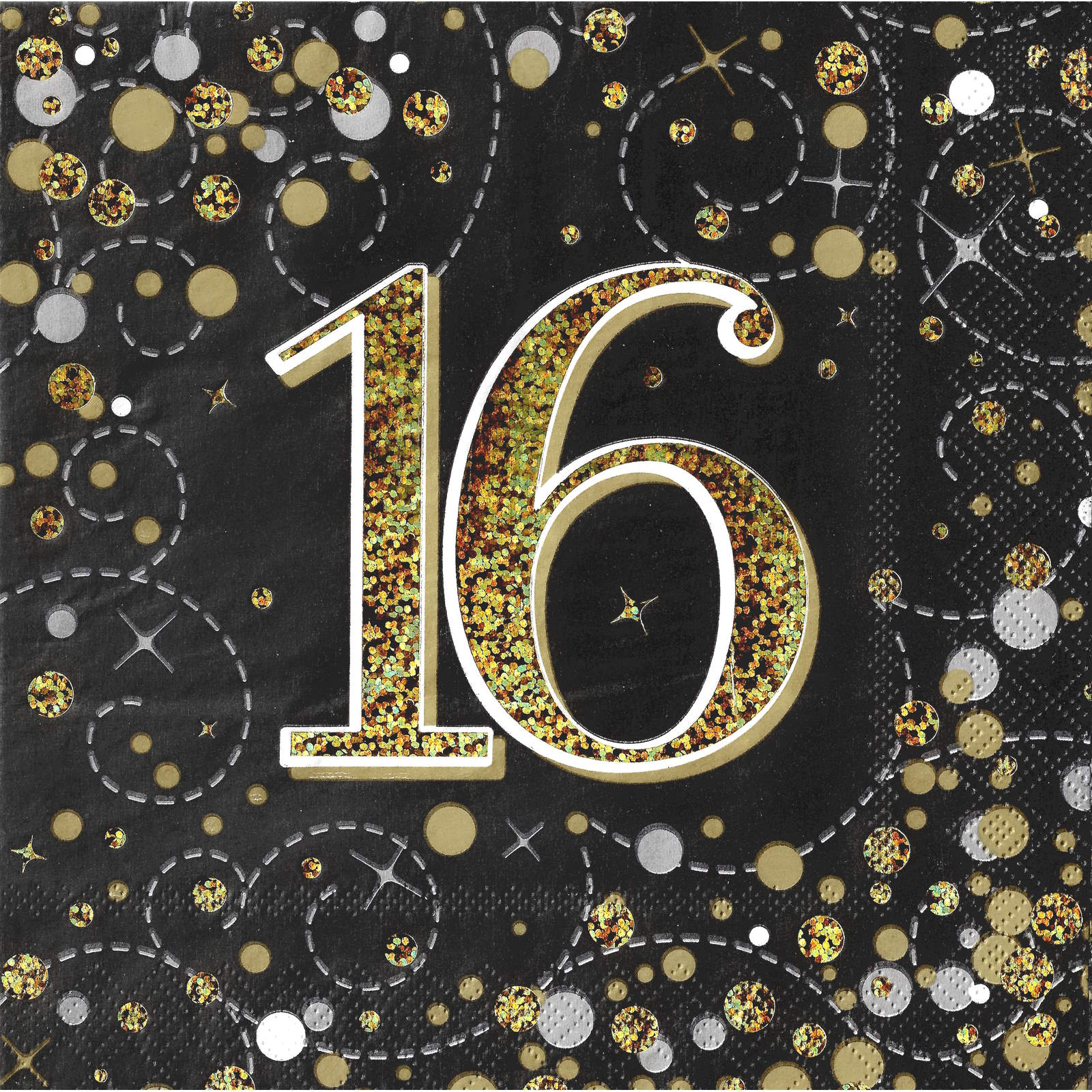 Sparkling Fizz Black and Gold 16th Holographic Large Napkins / Serviettes (Pack of 16)