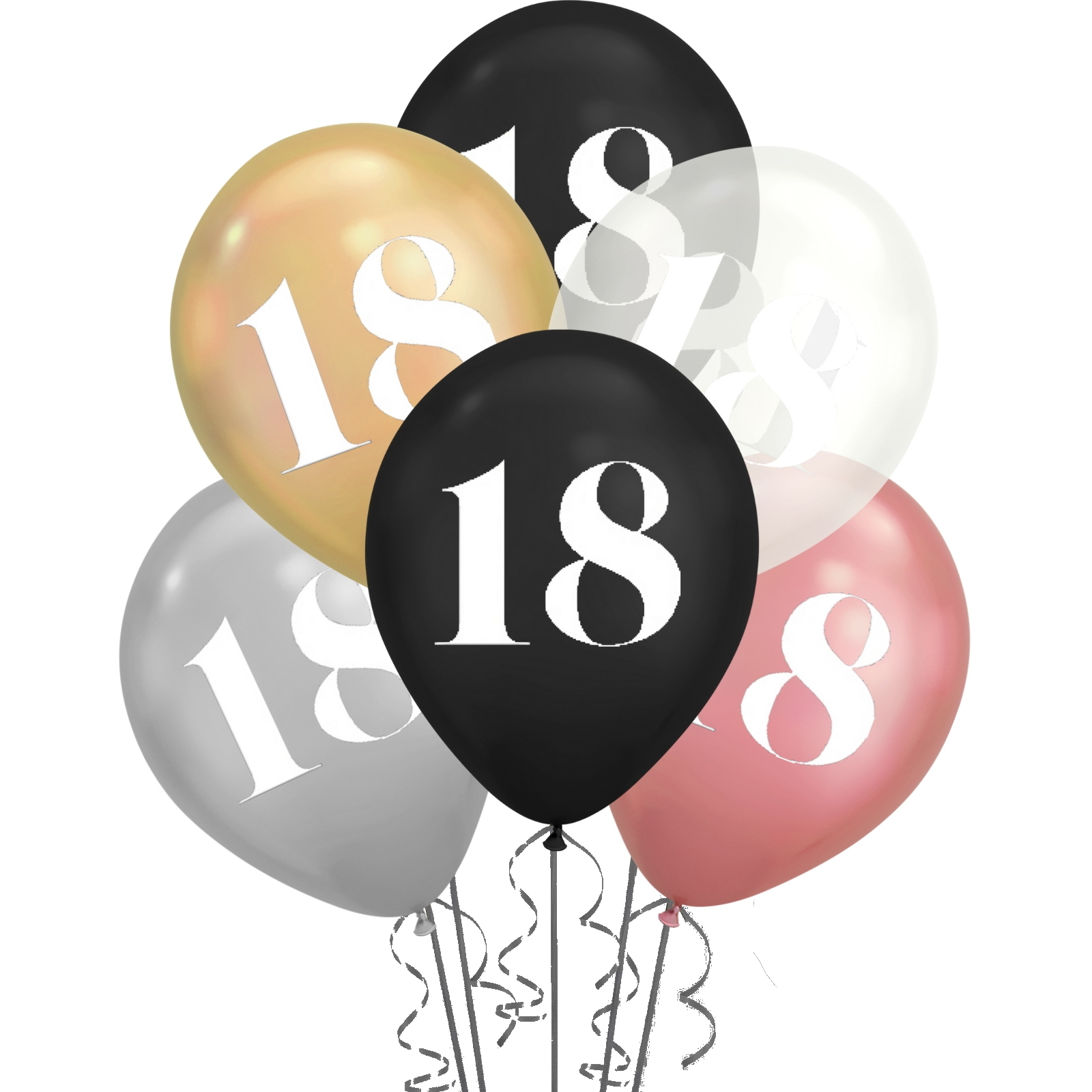 18th Birthday Shimmer Black, Clear and Metallic Mix Balloons (Pack of 6)