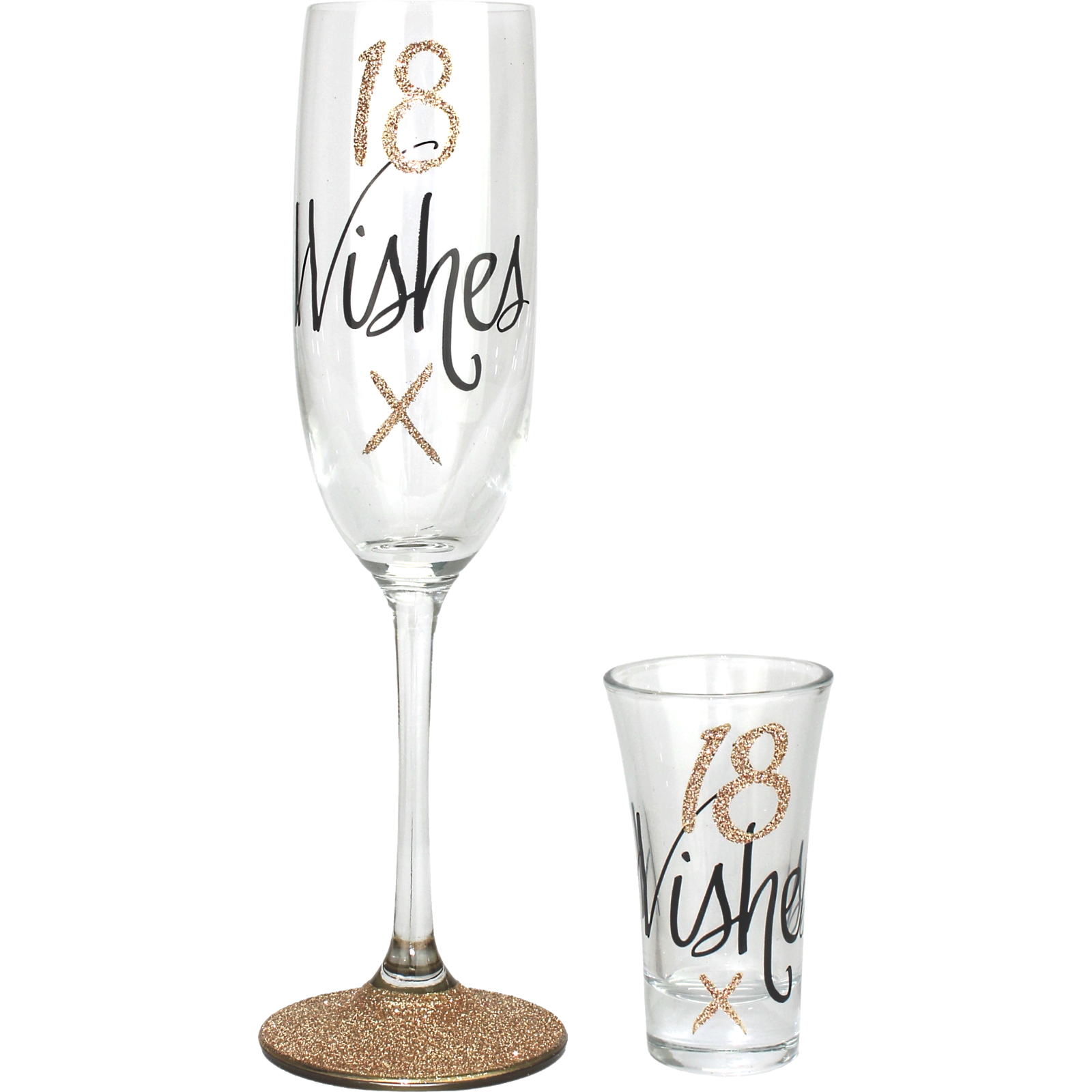 18 Wishes Rose Gold Glitter Champagne & Shot Glass Set
