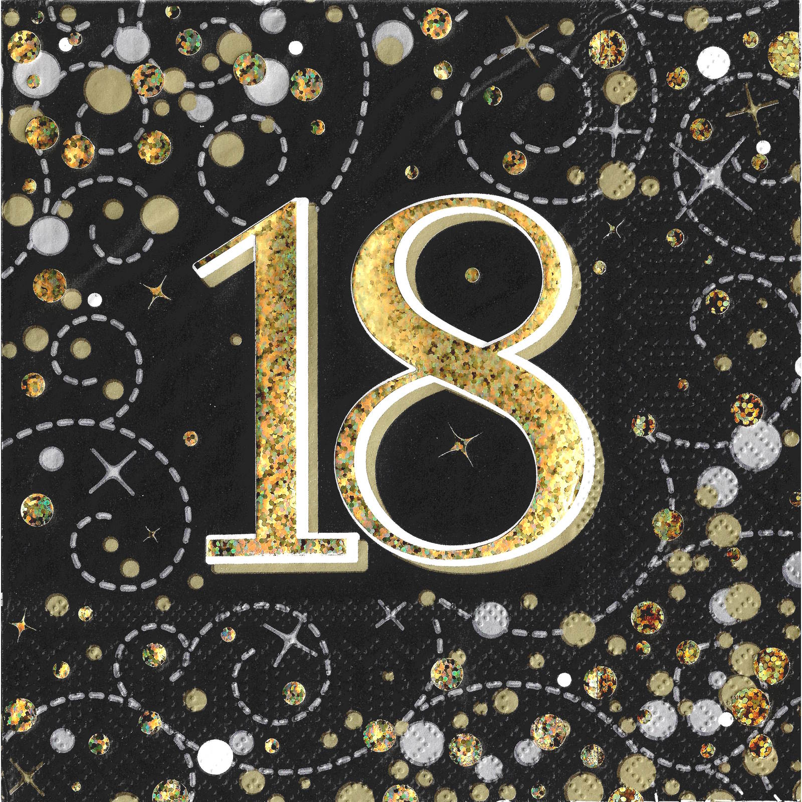 Sparkling Fizz Black and Gold 18th Holographic Large Napkins / Serviettes (Pack of 16)