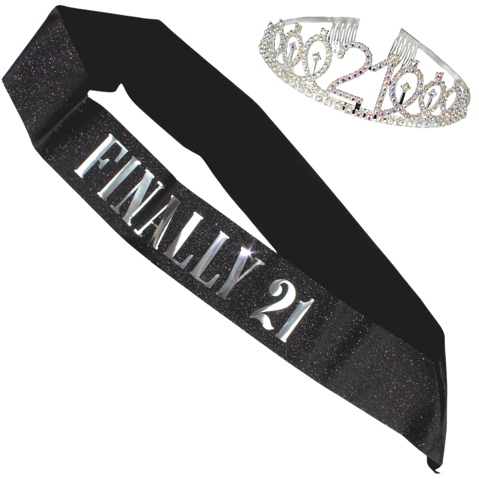 Iridescent Silver Diamante 21st Birthday Tiara and Sparkling Black Sash Set