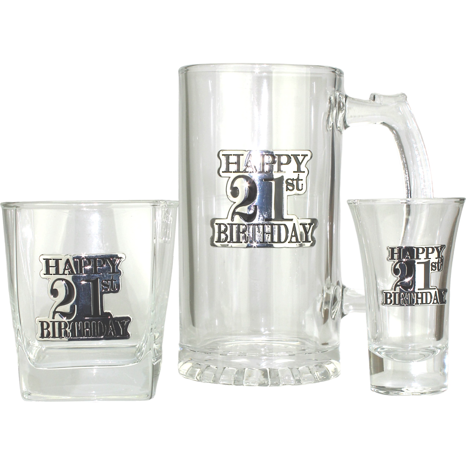 21st Birthday Badged Stein, Whisky Glass & Shot Glass Gift Set