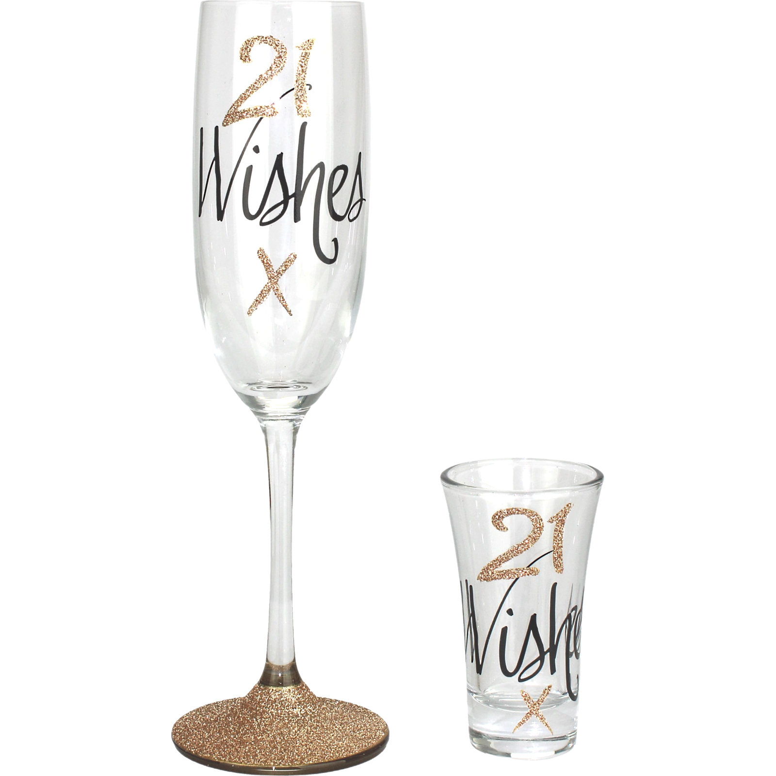 21 Wishes Rose Gold Glitter Champagne & Shot Glass Set