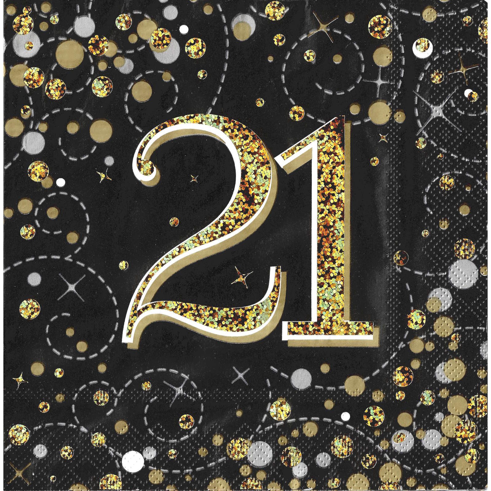 Sparkling Fizz Black and Gold 21st Holographic Large Napkins / Serviettes (Pack of 16)