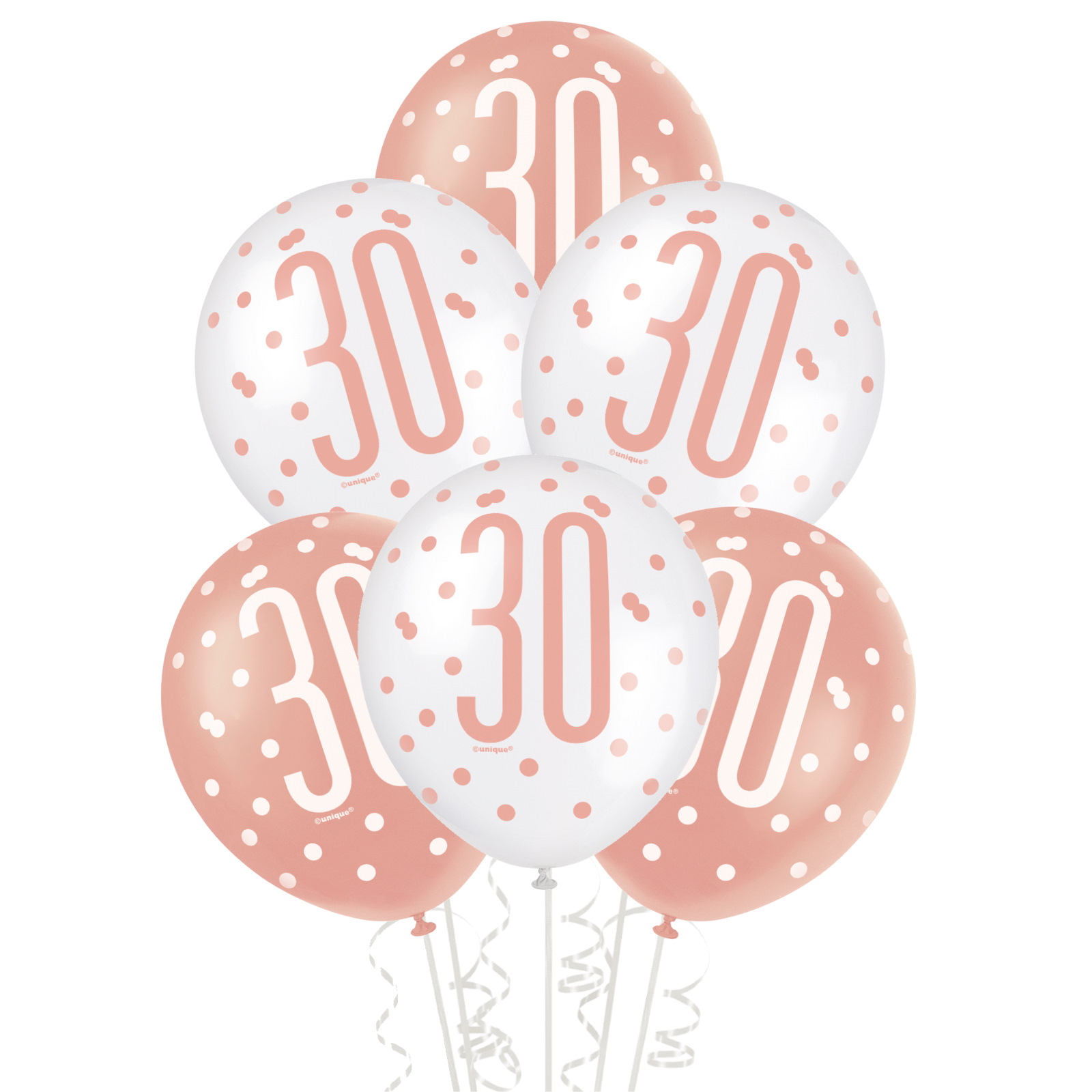 Rose Gold & White Assorted 30th Birthday Balloons (Pack of 6)