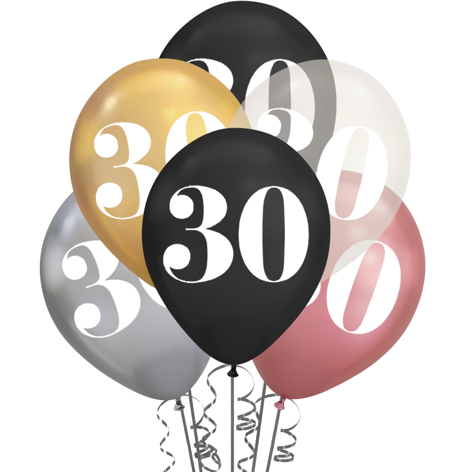 30th Birthday Shimmer Black, Clear & Metallic Mix Balloons (Pack of 6)