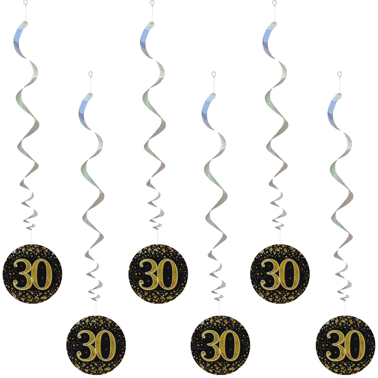 Sparkling Fizz Black and Gold 30th Holograph Swirls (Pack of 6) 