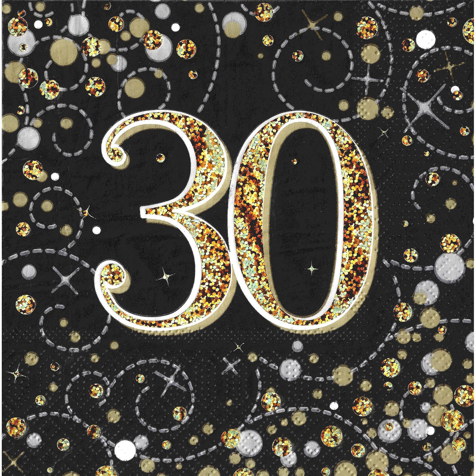 Sparkling Fizz Black and Gold 30th Holographic Large Napkins / Serviettes (Pack of 16)