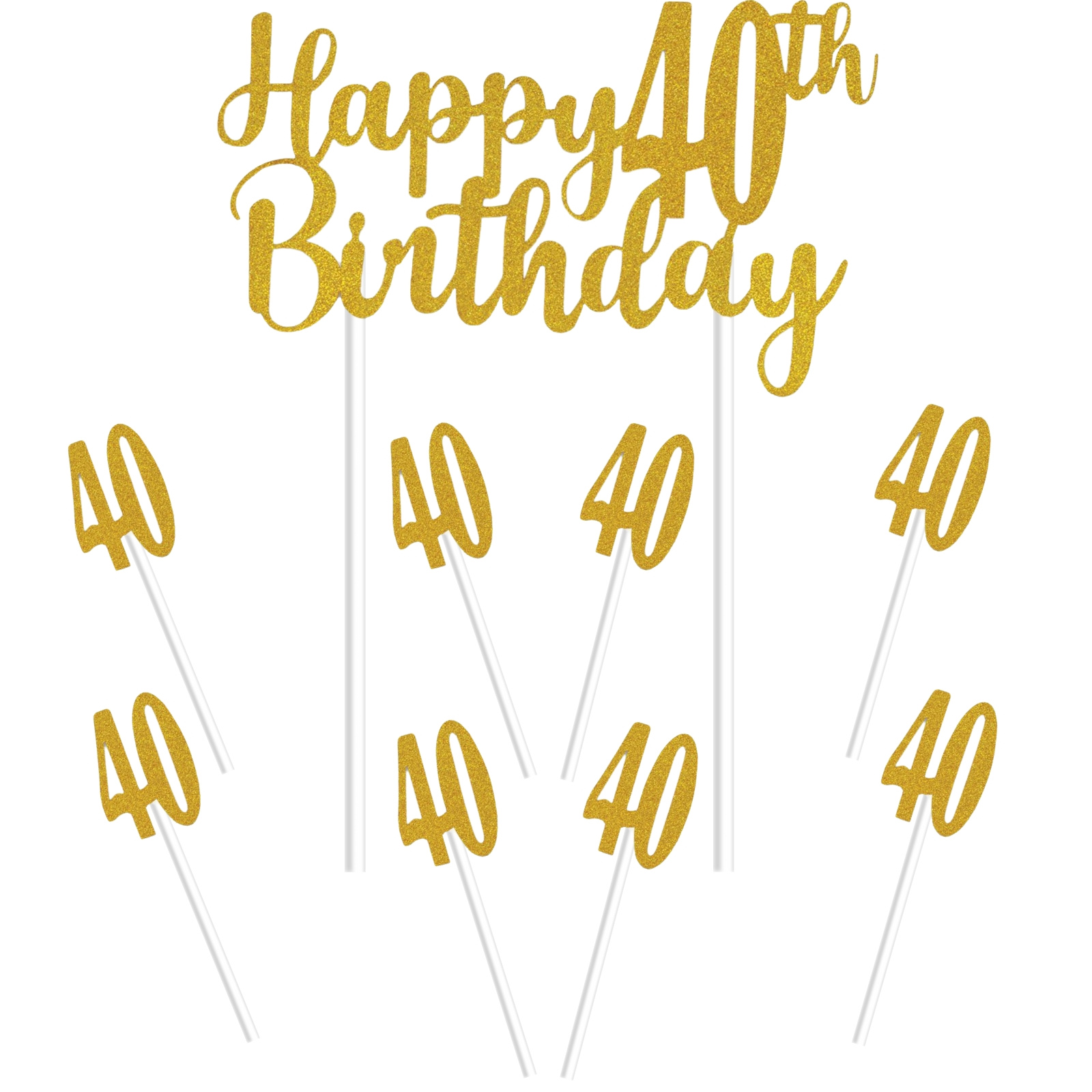 Gold Happy 40th Birthday With 40's Cake Toppers (Pack of 7)