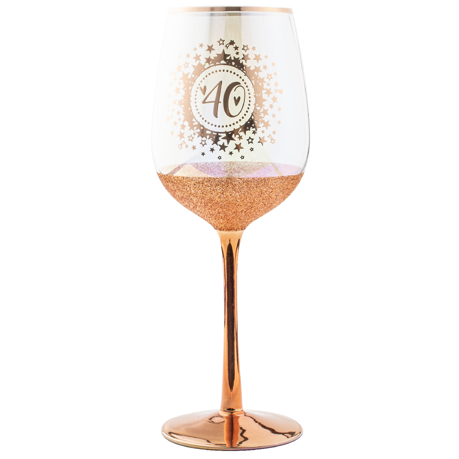 40th Birthday Rose Gold Glitter and Iridescent Wine Glass