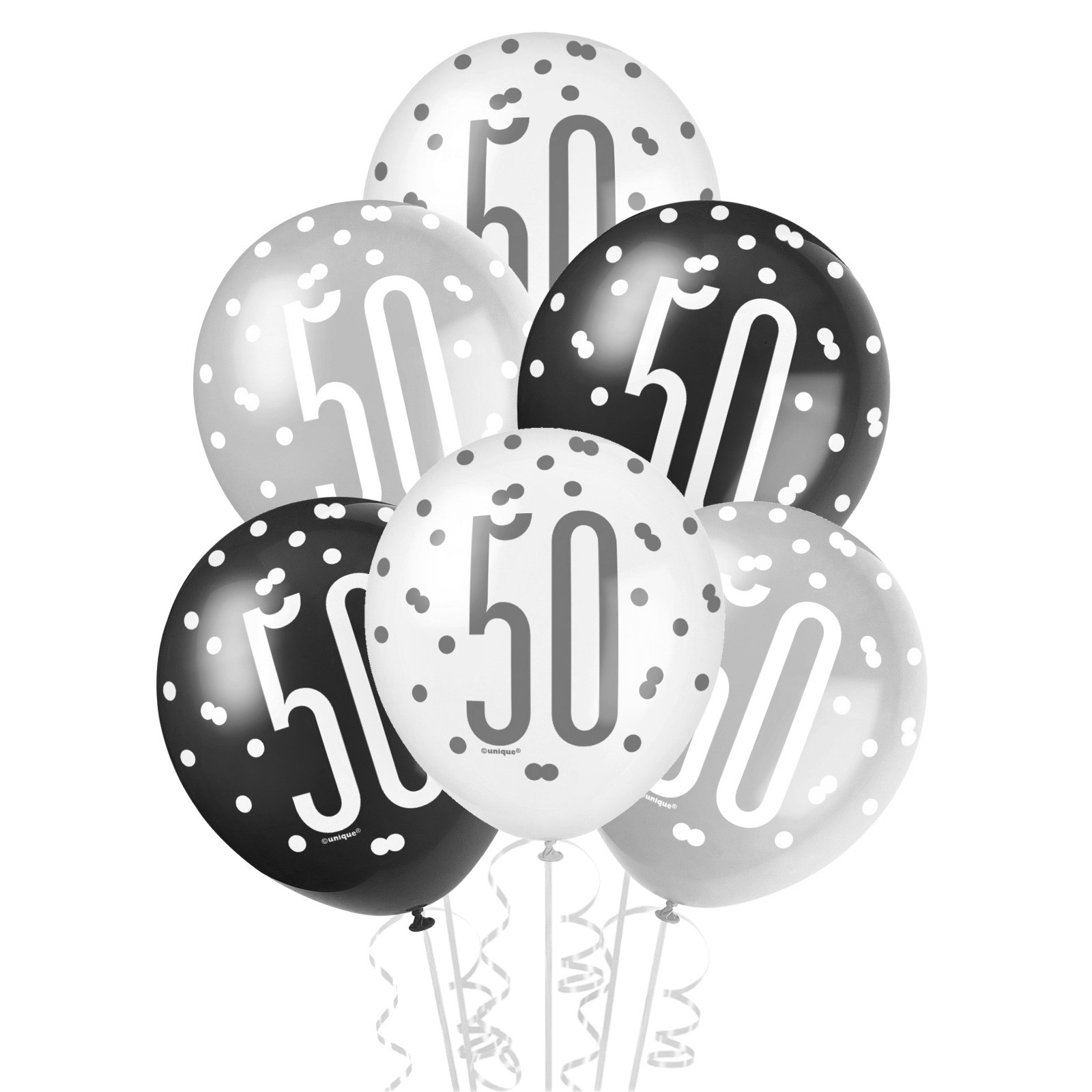 Black, Silver & White Assorted 50th Birthday Balloons (Pack of 6)
