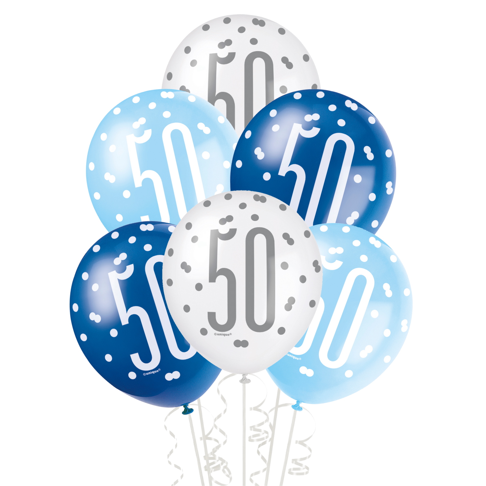 Blue & White Assorted 50th Birthday Balloons (Pack of 6)