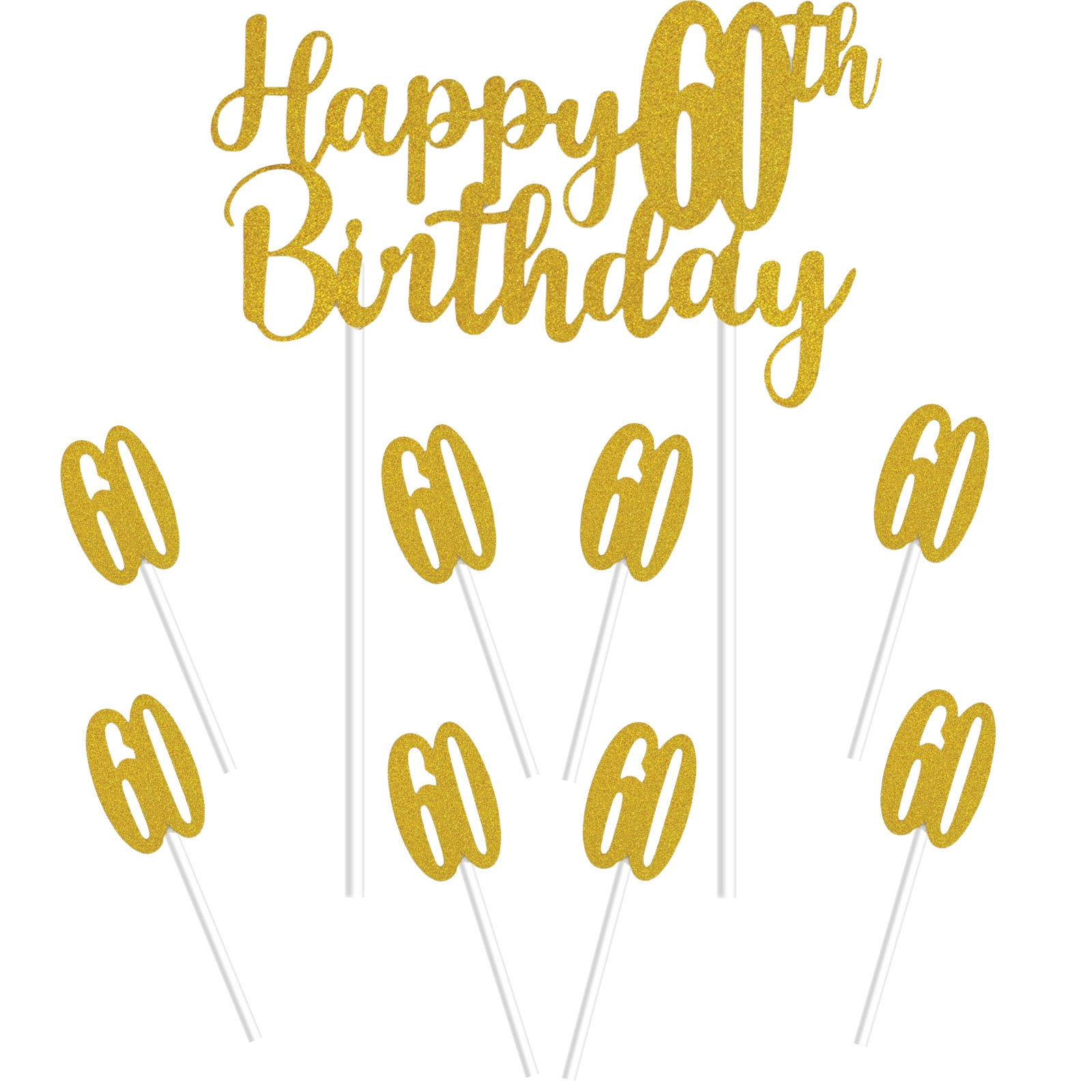 Gold Happy 60th Birthday With 60's Cake Toppers (Pack of 7)