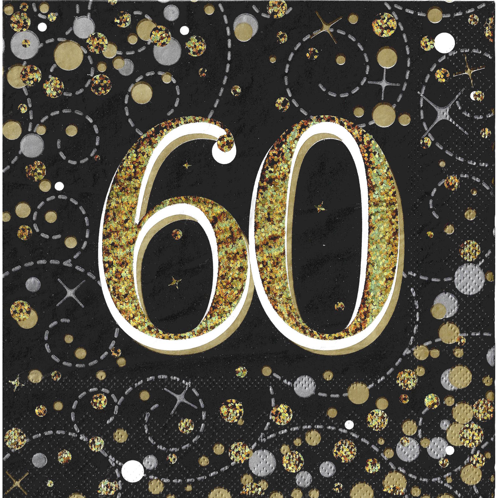 Sparkling Fizz Black and Gold 60th Holographic Large Napkins / Serviettes (Pack of 16)