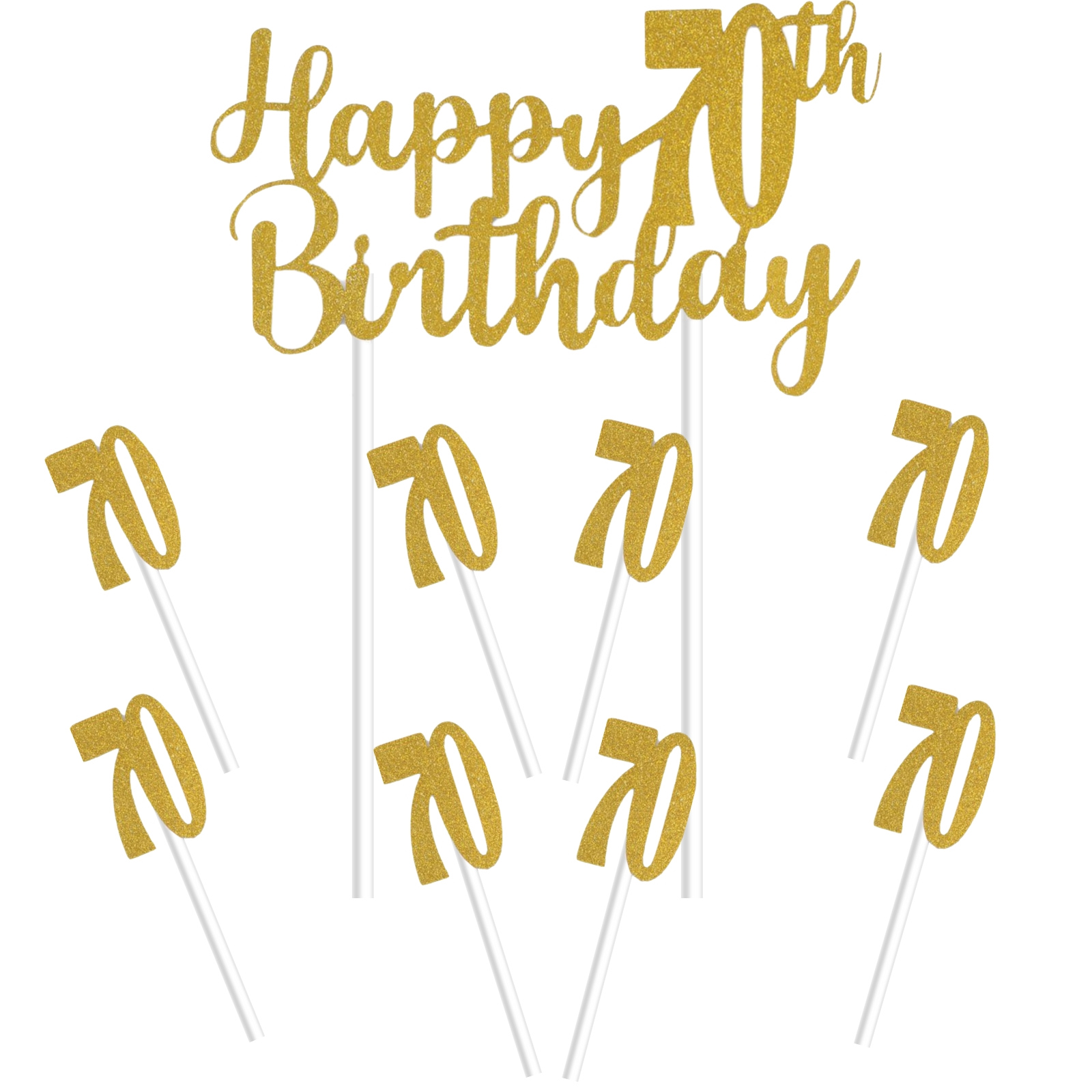 Gold Happy 70th Birthday With 70's Cake Toppers (Pack of 7)