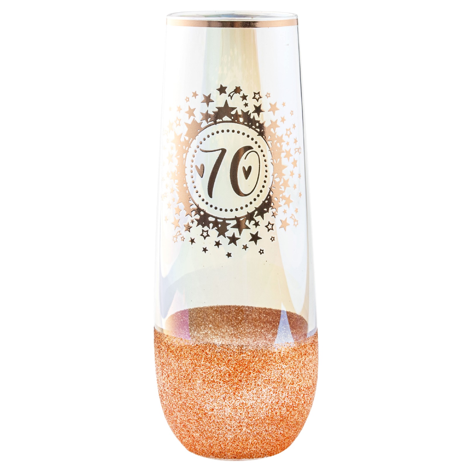 70th Birthday Rose Gold Glitter and Iridescent Stemless Champagne Glass 