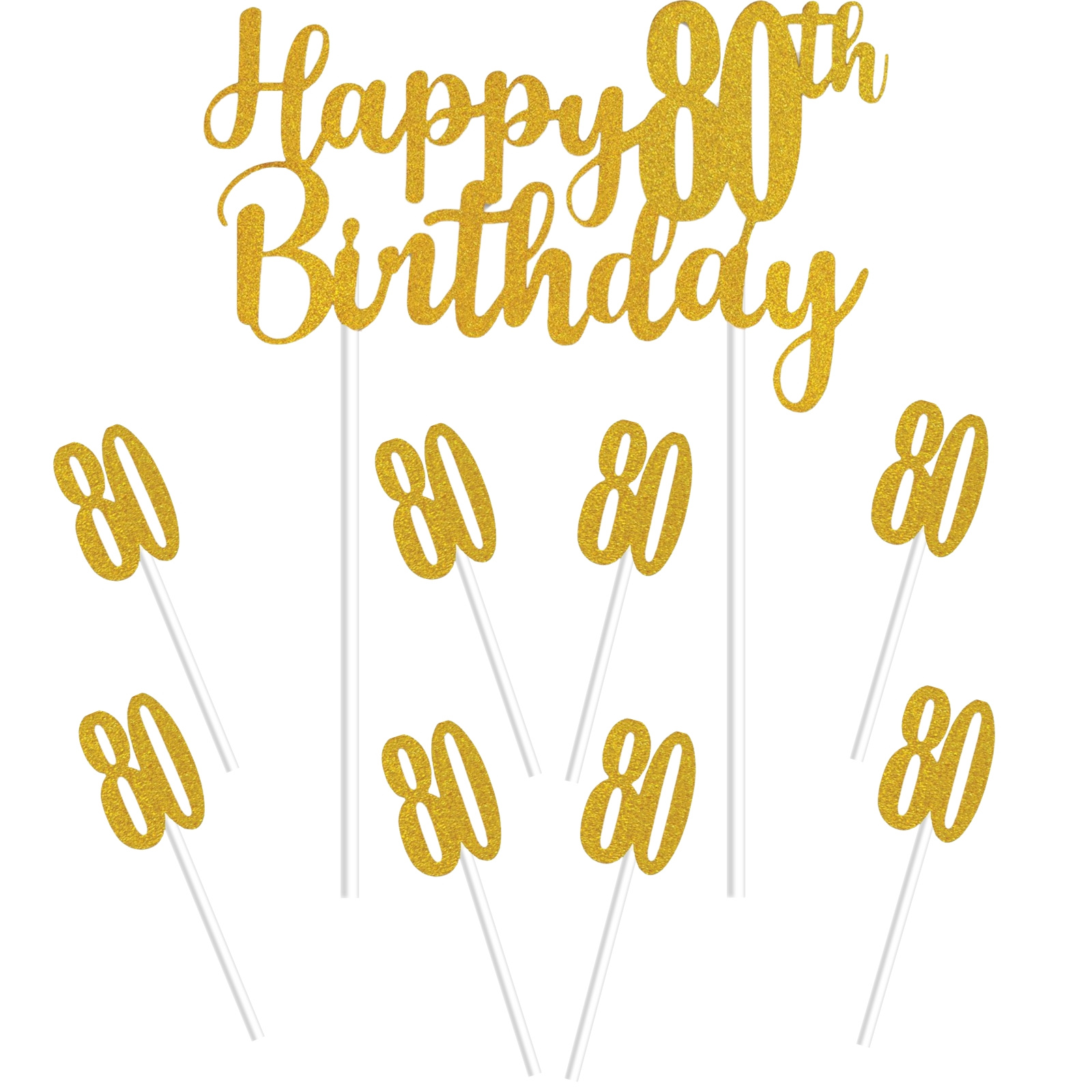 Gold Happy 80th Birthday With 80's Cake Toppers (Pack of 7)