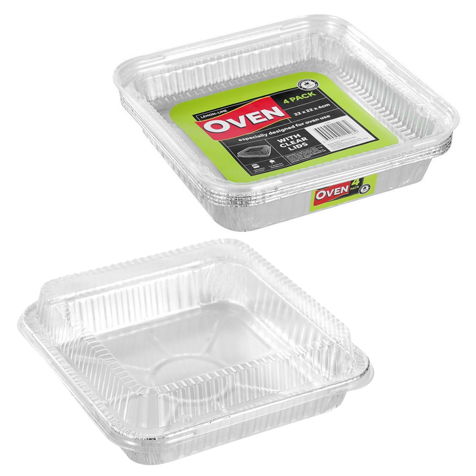 Square Foil Trays With Lids 22cm x 22cm x 4cm (Pack of 4)