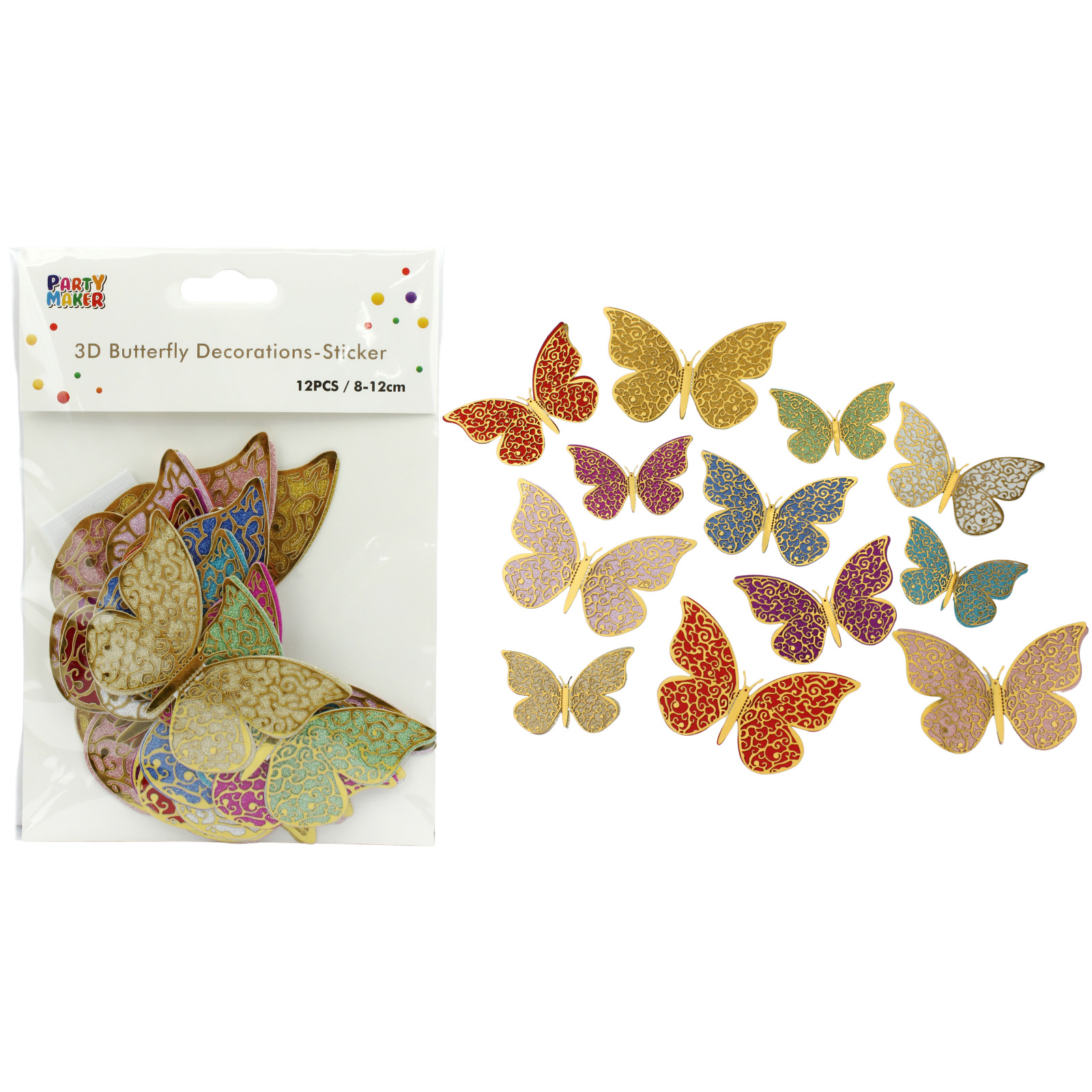 Coloured Glitter and Gold Filigree Butterfly Decorations (Pack of 12)