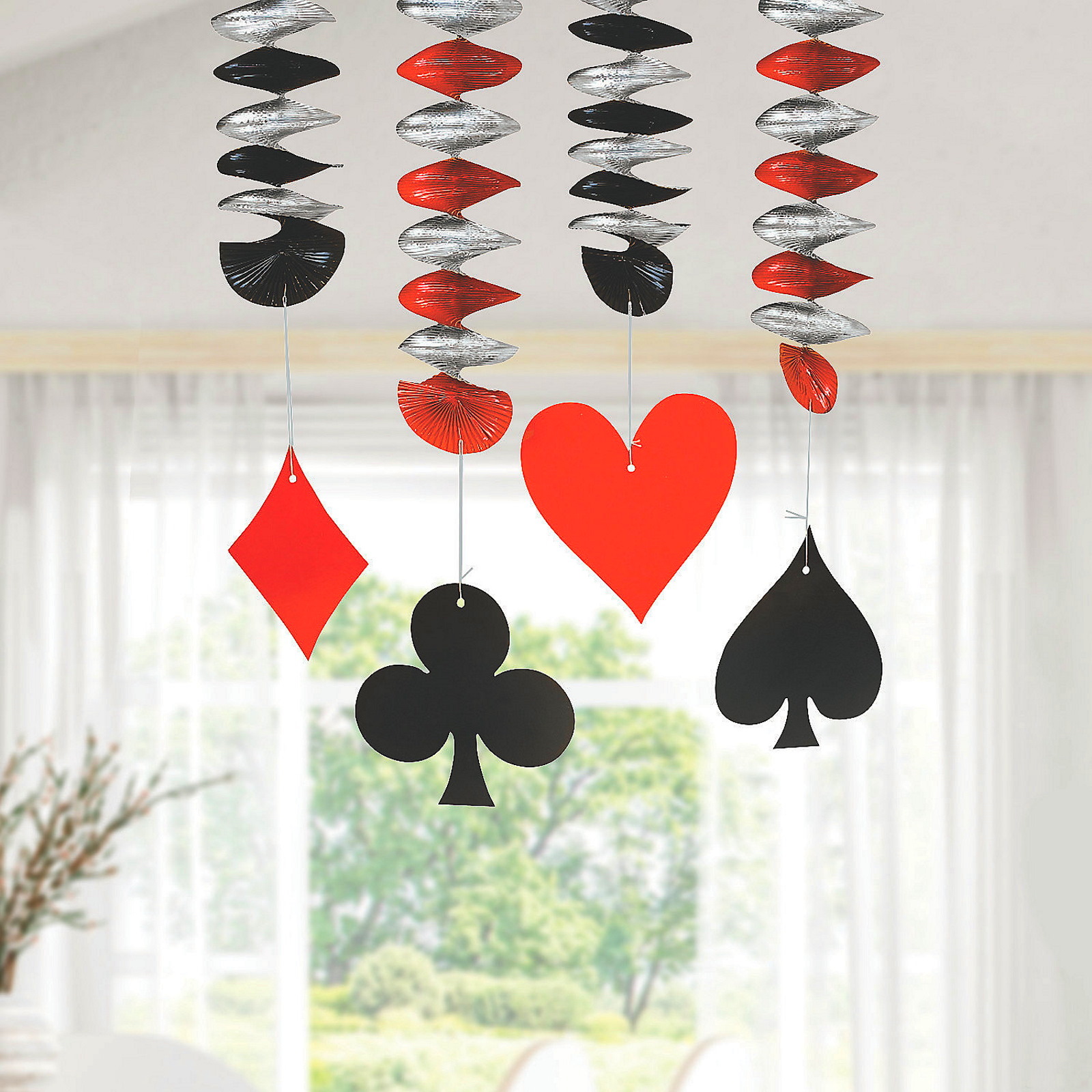 Casino Card Suit Foil Spiral Decorations (Pack of 12)