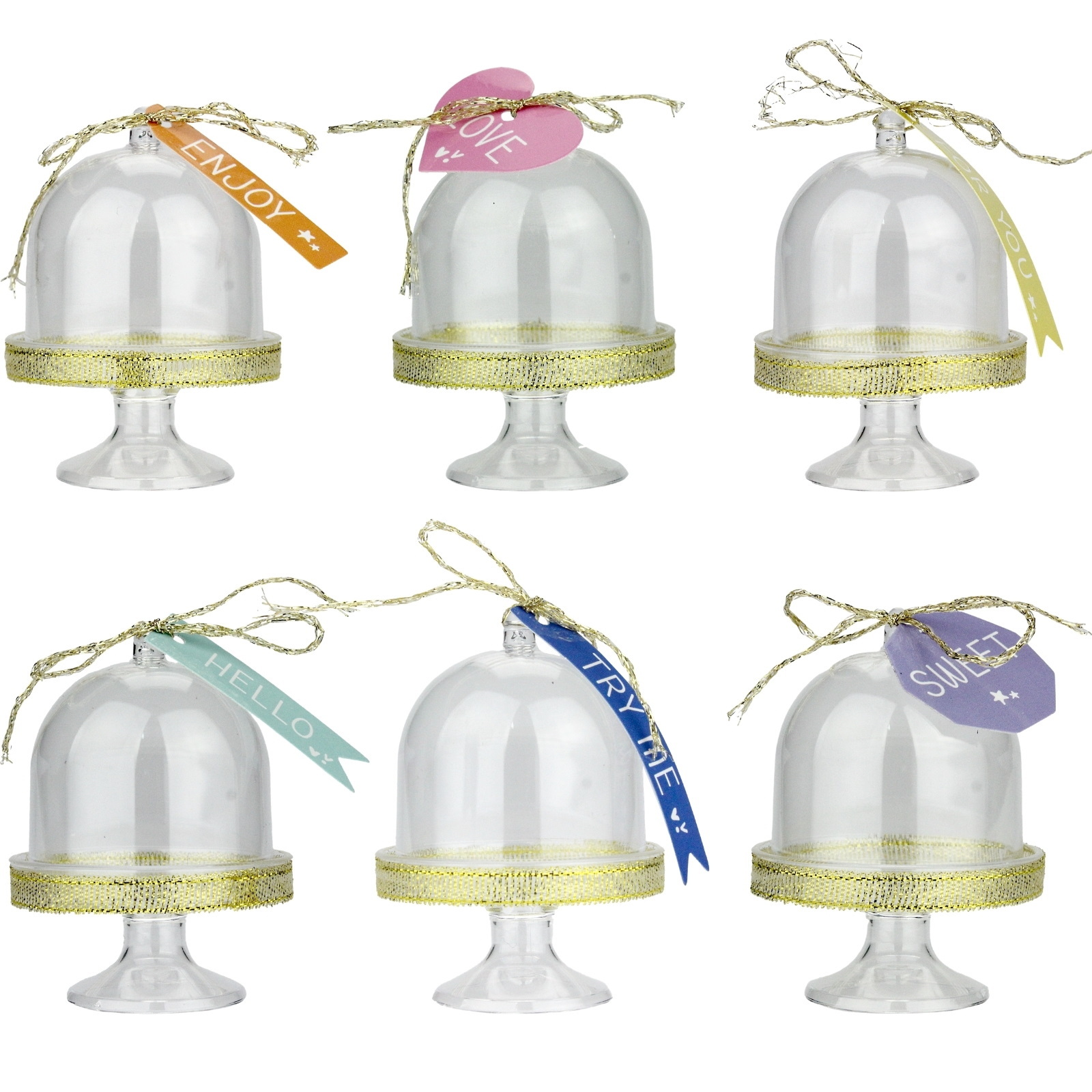 Mini Plastic Boutique Cake Domes with Gold Trim (Pack of 6)