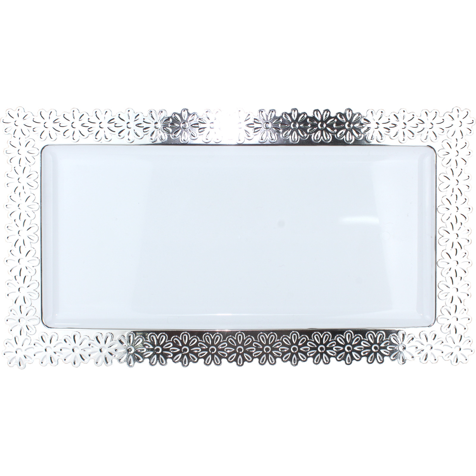 White Serving Platter With Silver Floral Edge 40cm 