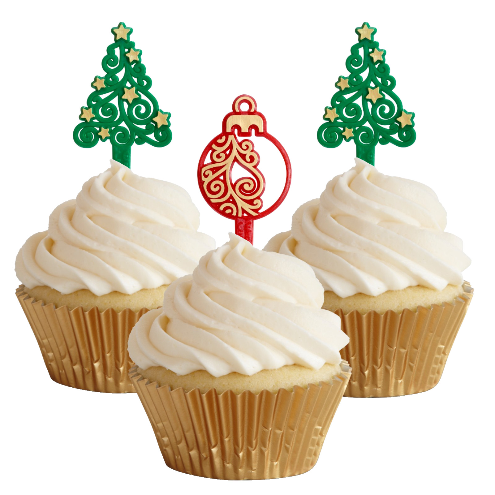 Red and Green Christmas Bauble and Tree Plastic Picks (Pack of 12)