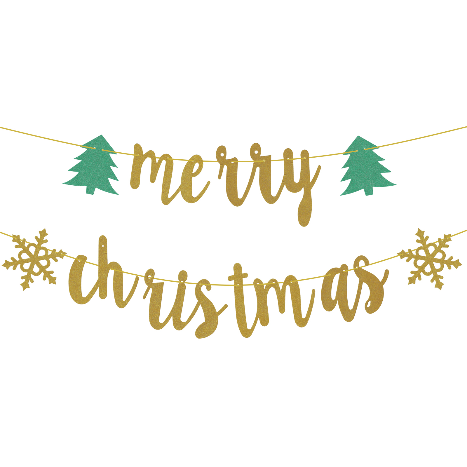 Gold and Green Glitter Merry Christmas Letter Banner