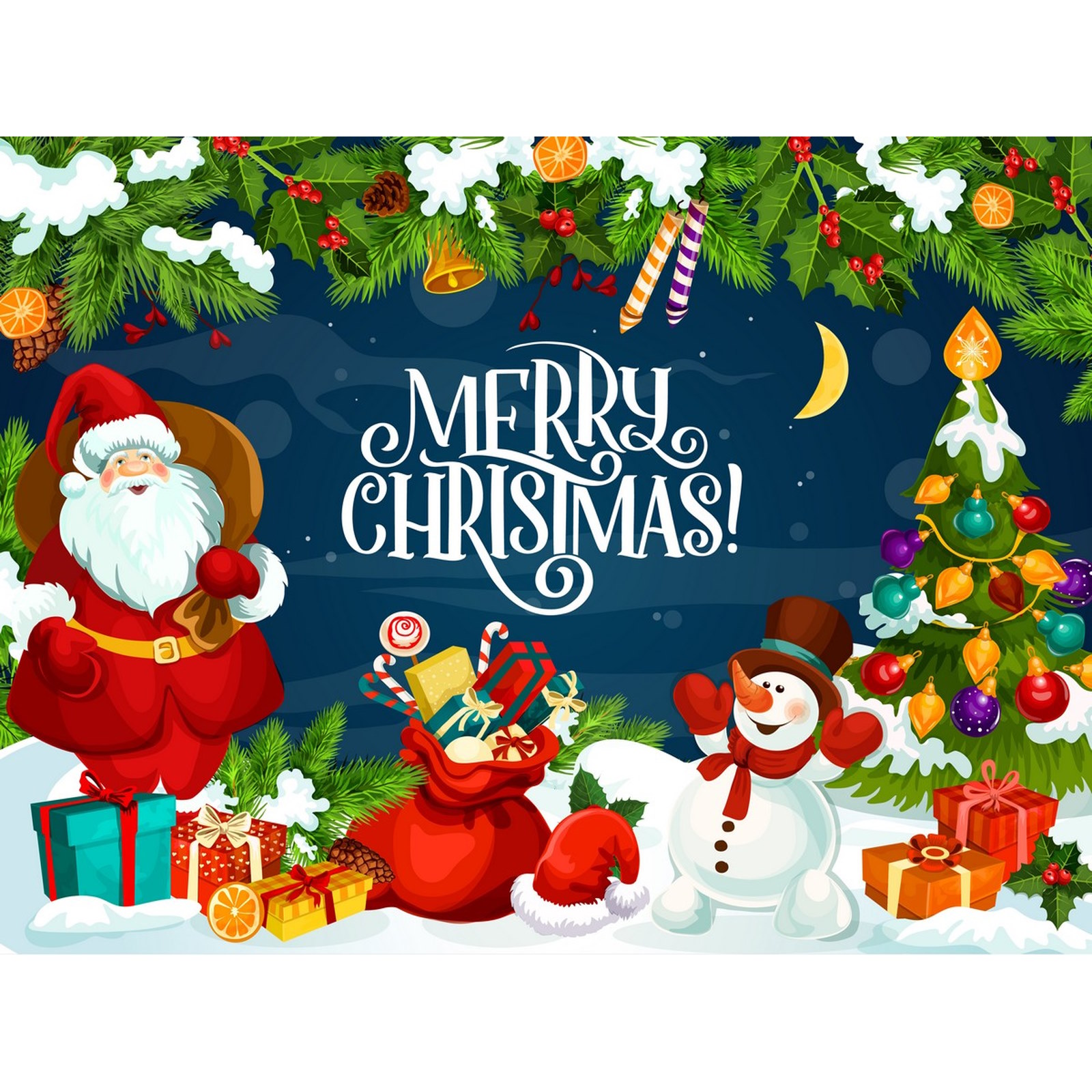 Merry Christmas Festive Santa and Snowman Fabric Backdrop