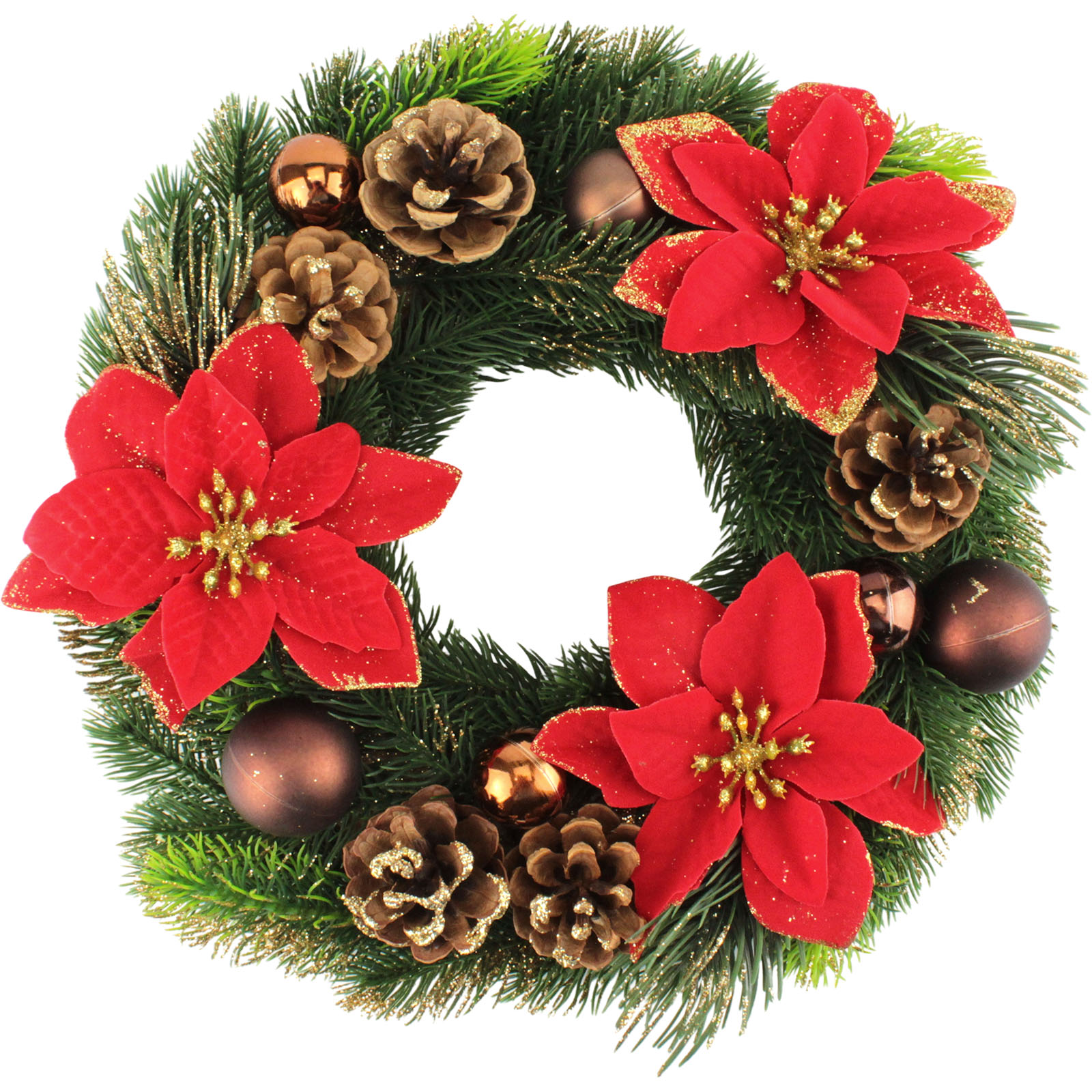 Christmas Wreath With Pinecones, Baubles And Poinsettias 32cm