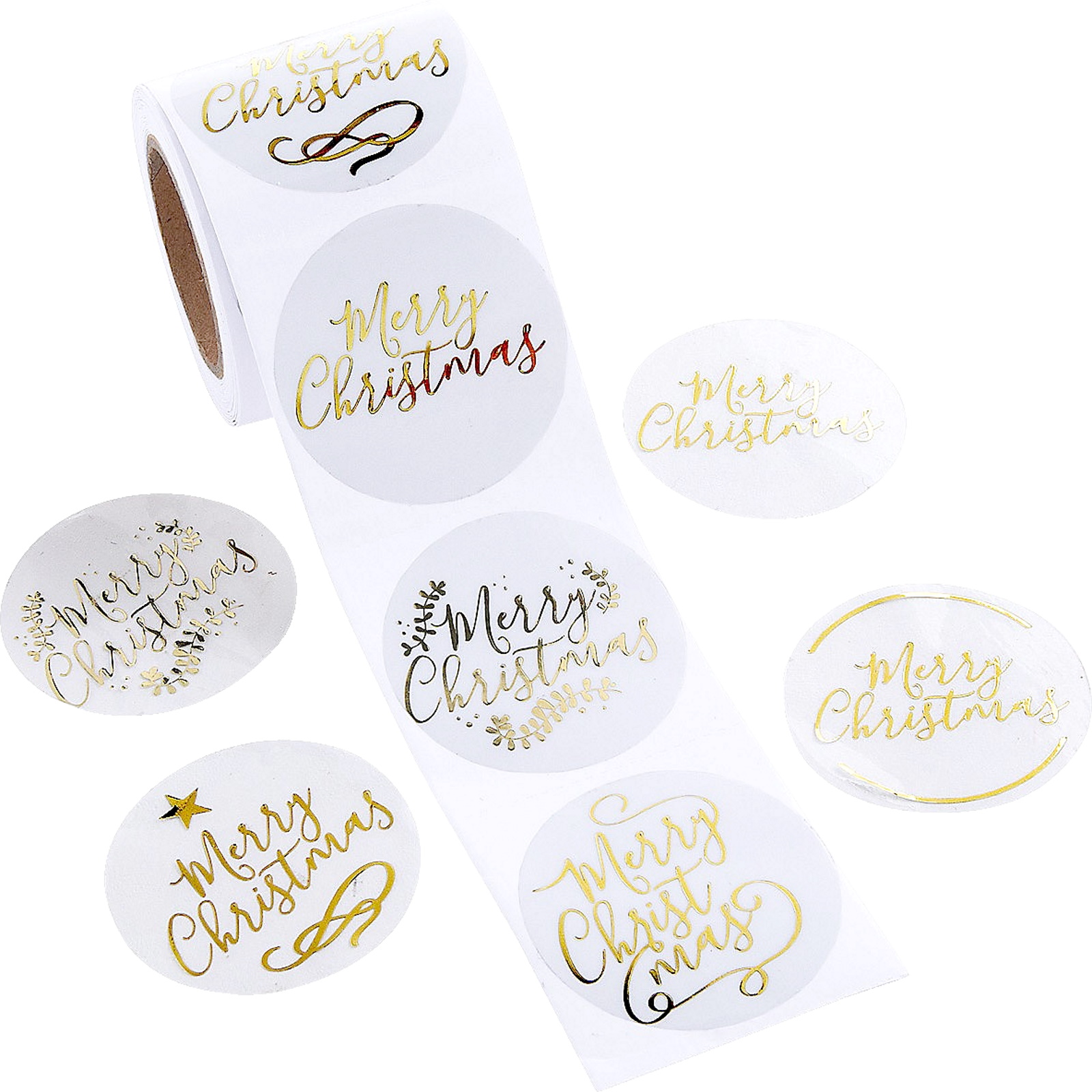 Merry Christmas Gold Foil Stickers (Roll of 100)