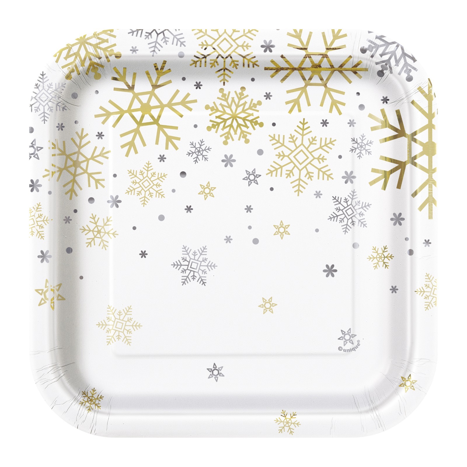 Silver and Gold Snowflakes Small Square Paper Plates (Pack of 8)