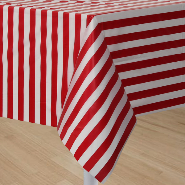 Circus Time Red and White Striped Plastic Tablecloth