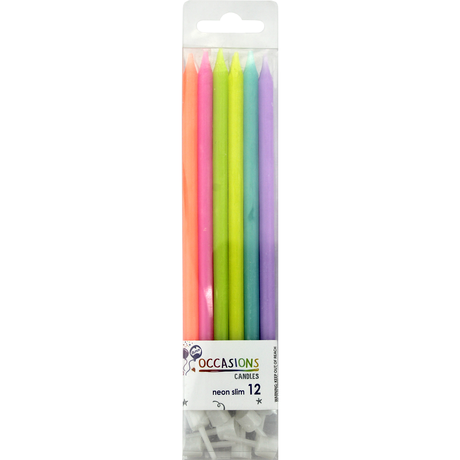 Assorted Neon Slim Birthday Candles (Pack of 12)
