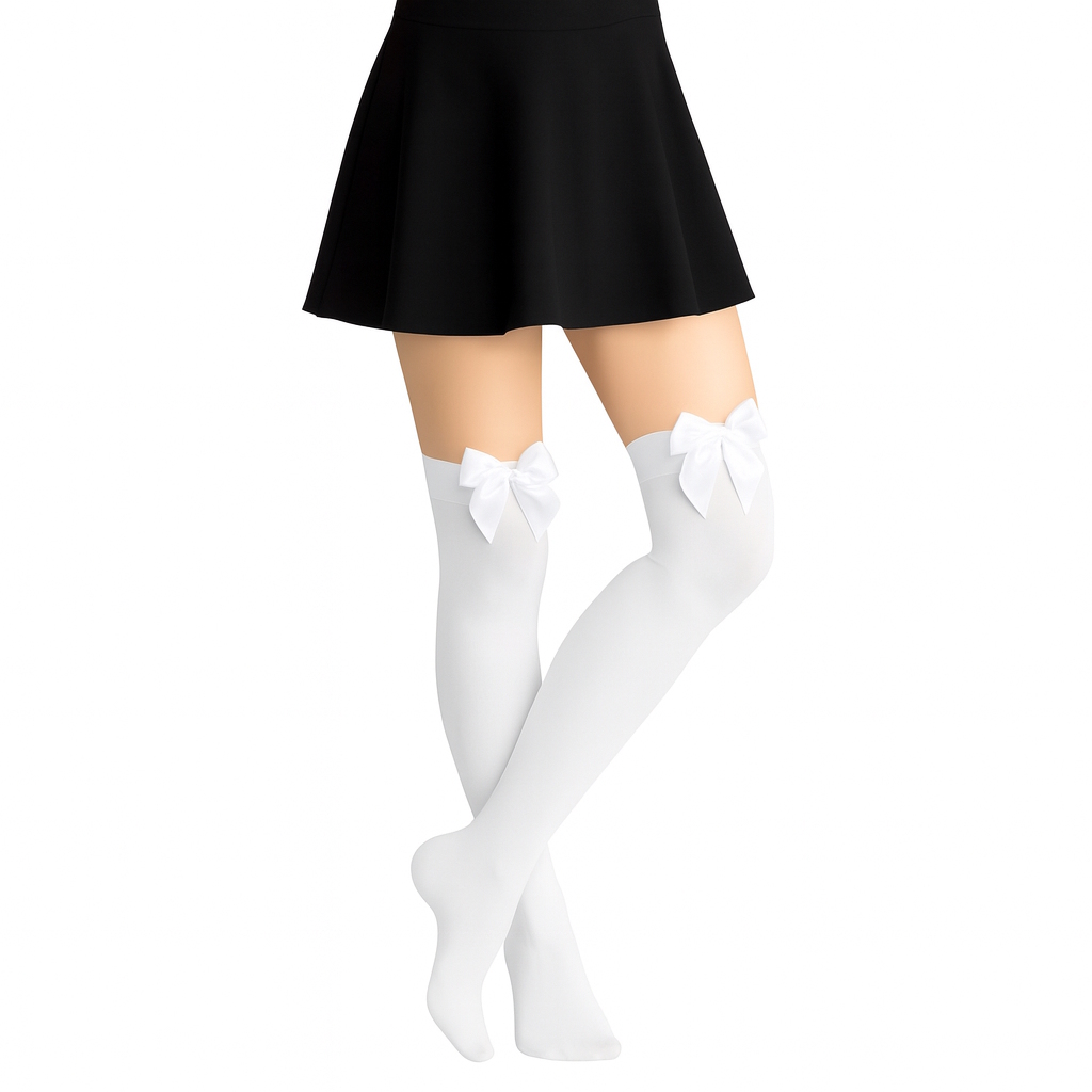 Over The Knee White Opaque Stockings With Satin Bows
