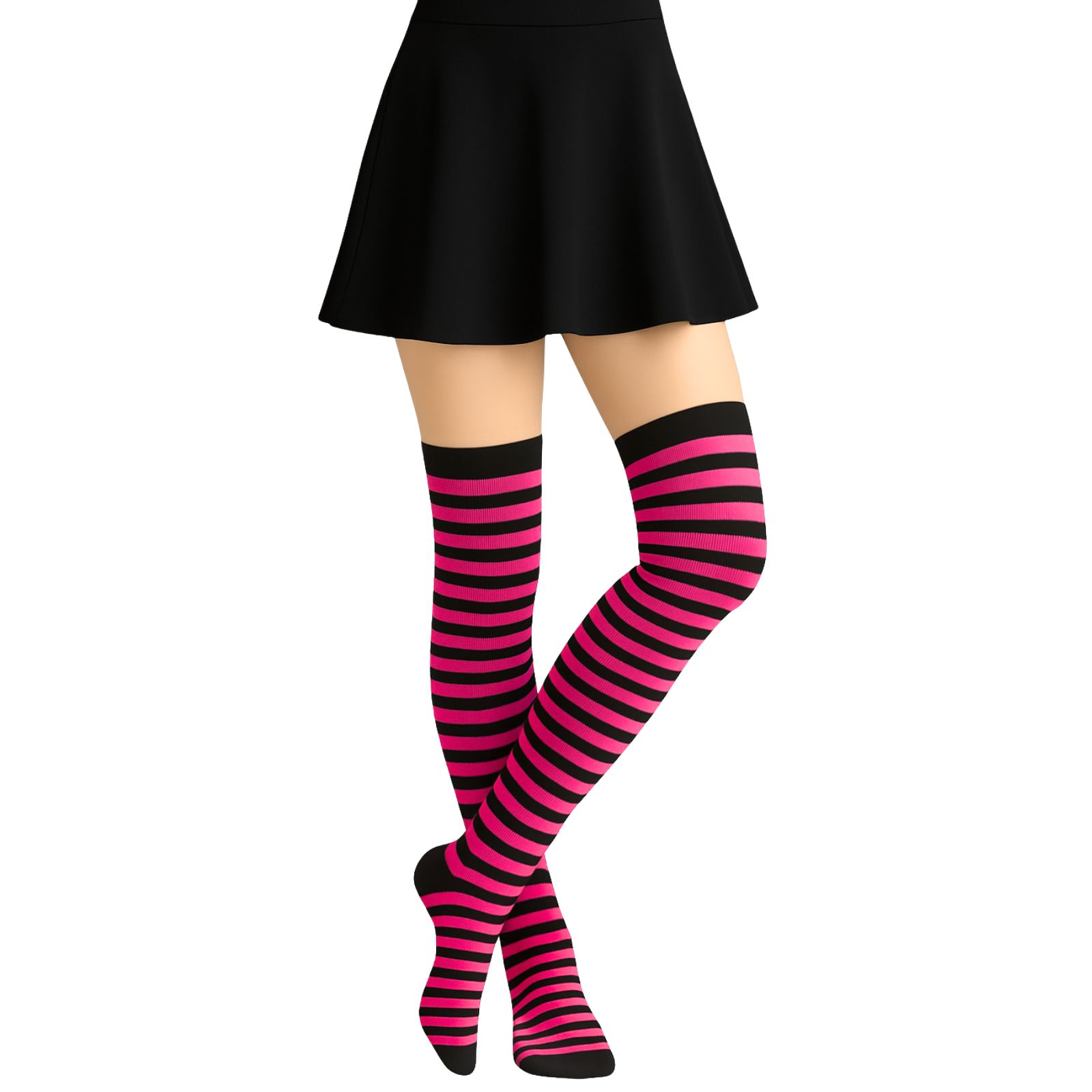 Over The Knee Hot Pink & Black Striped Stockings (1 Pair)