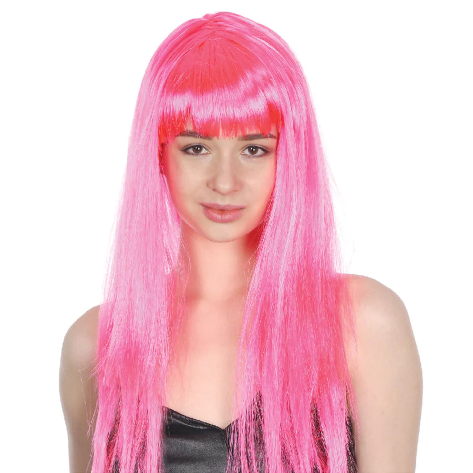 Hot Pink Long Glamour Wig With Fringe