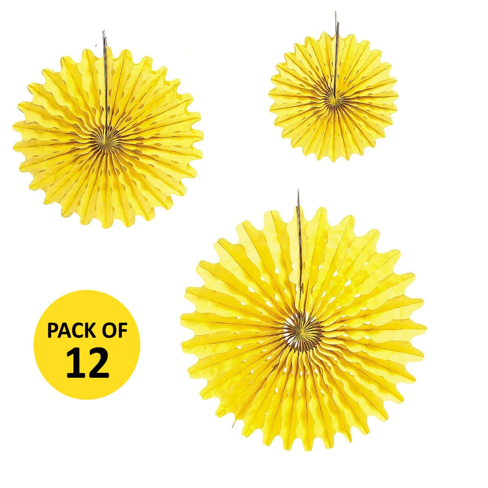 Yellow Paper Fan Decorations (Pack of 12)