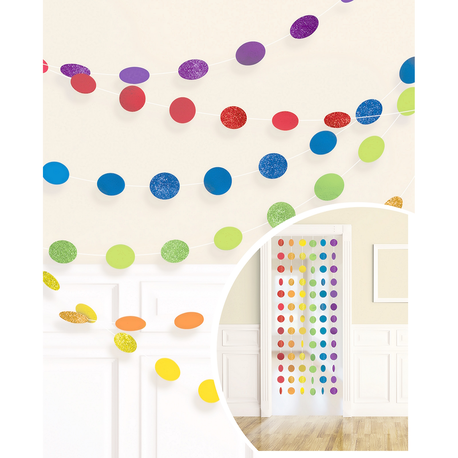 Rainbow Glitter Dot Garland String Decorations (Pack of 6) 