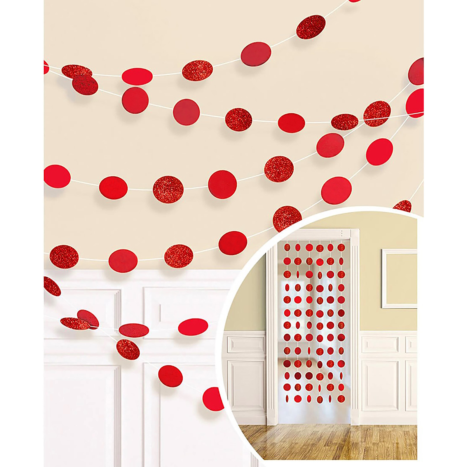 Red Glitter Dot Garland String Decorations (Pack of 6)  