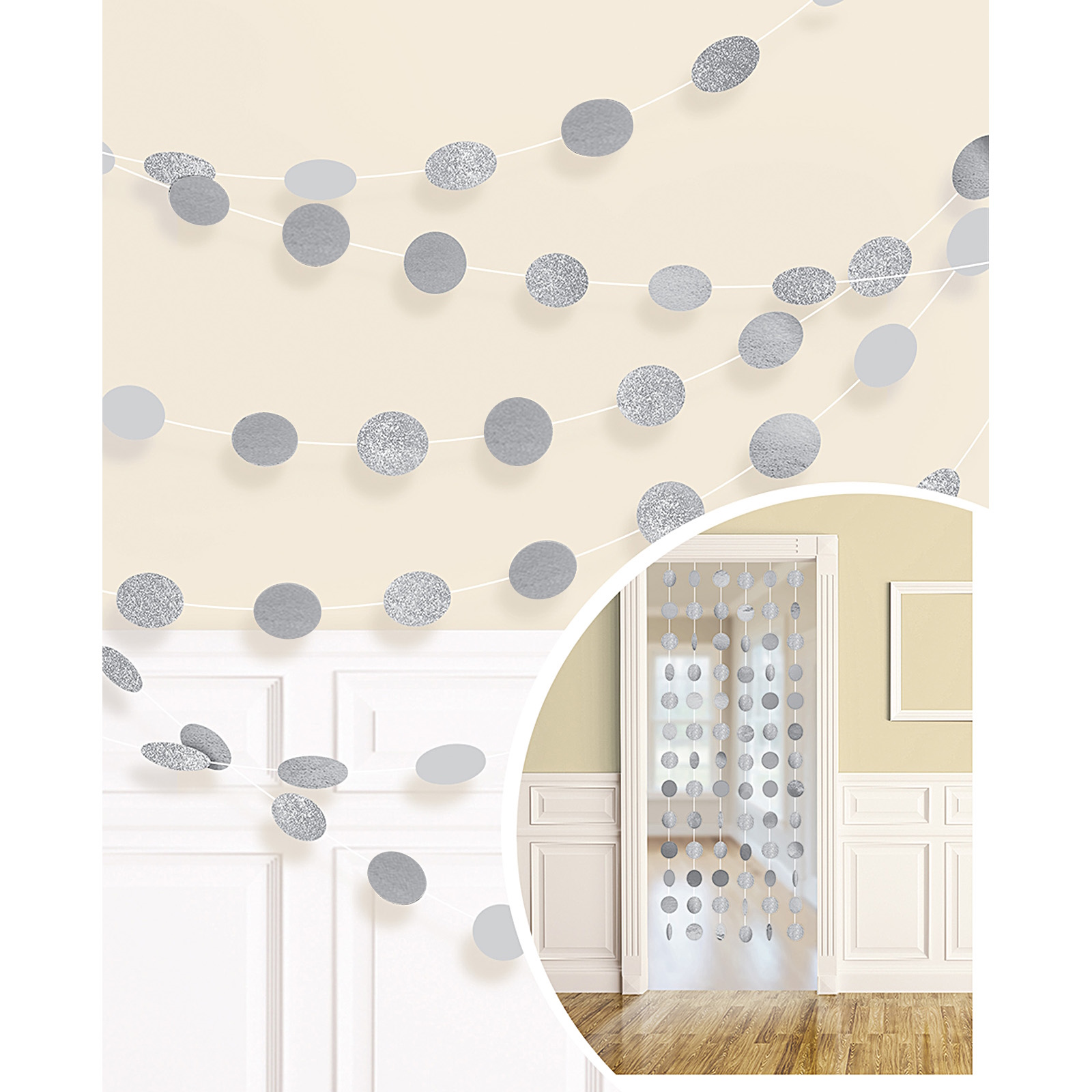 Silver Glitter Dot Garland String Decorations (Pack of 6) 