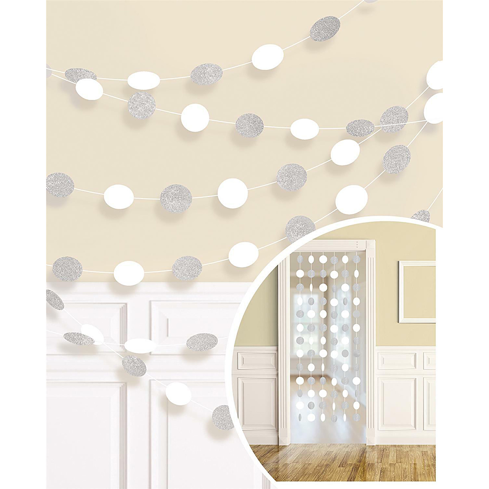 White and Silver Glitter Dot Garland String Decorations (Pack of 6)  