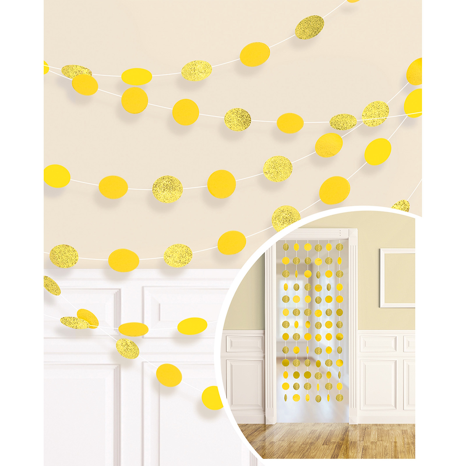 Yellow and Gold Glitter Dot Garland String Decorations (Pack of 6)