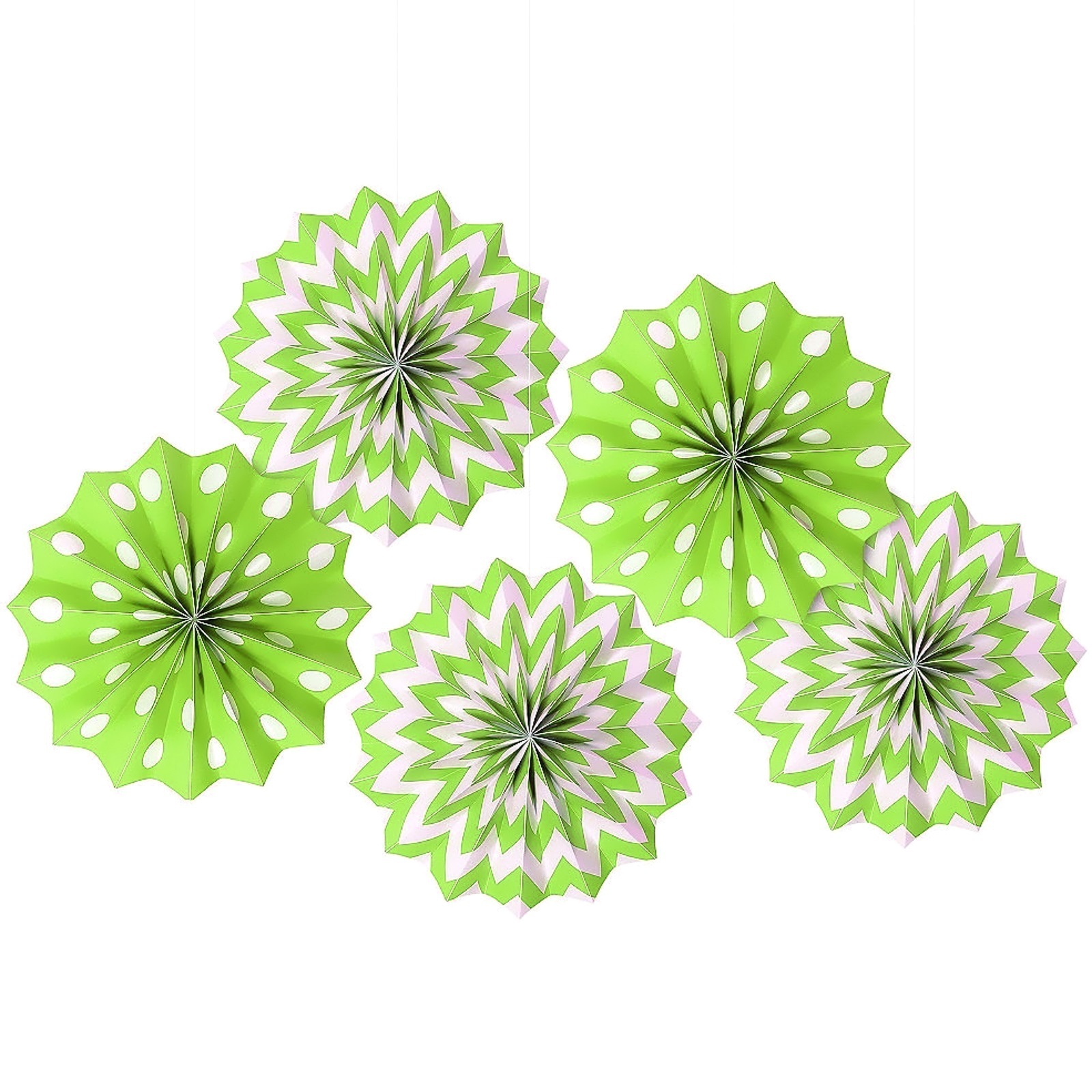Lime Green Polka Dot and Chevron Paper Fan Decorations (Pack of 5)