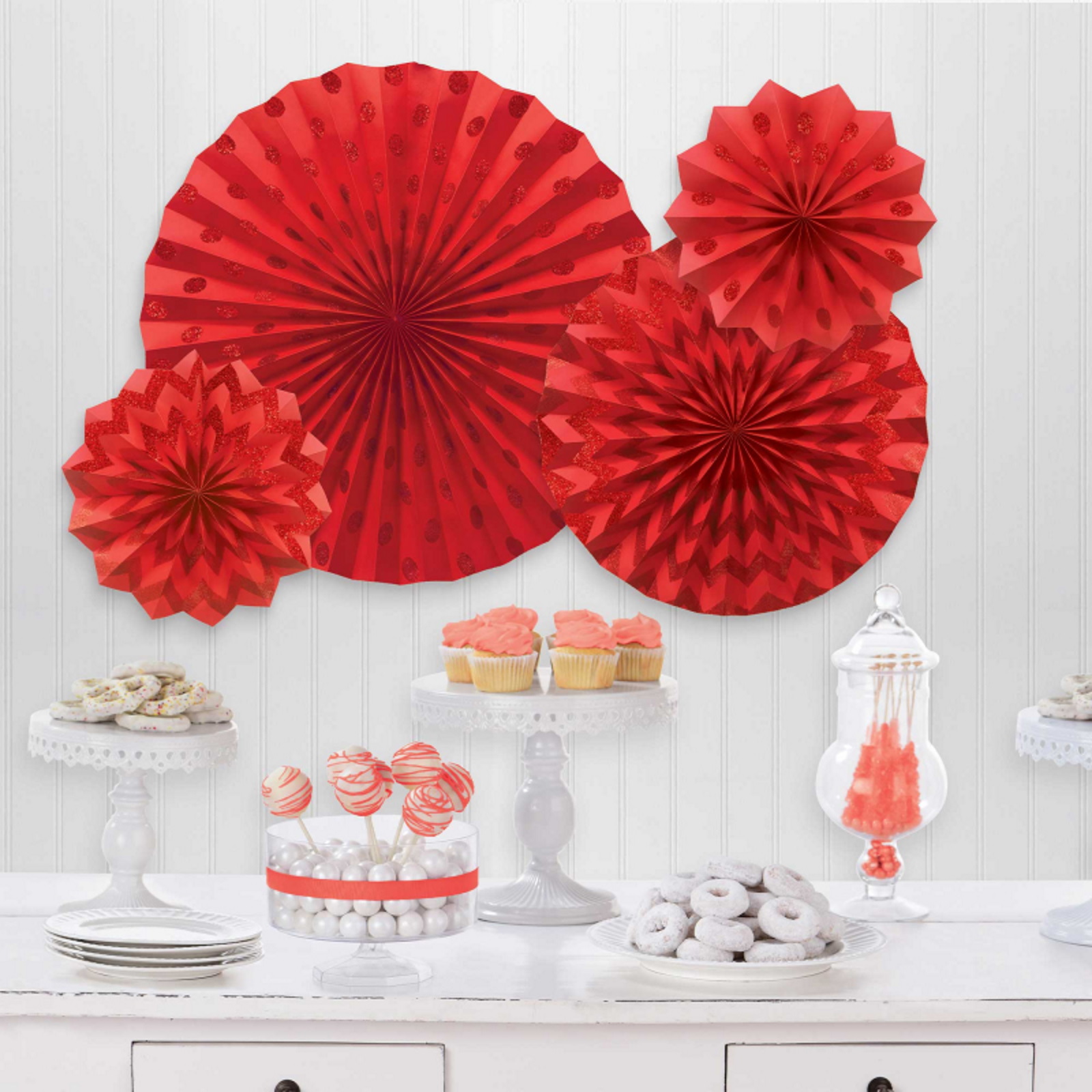 Red Glitter Polka Dot and Chevron Paper Fan Decorations (Pack of 4)