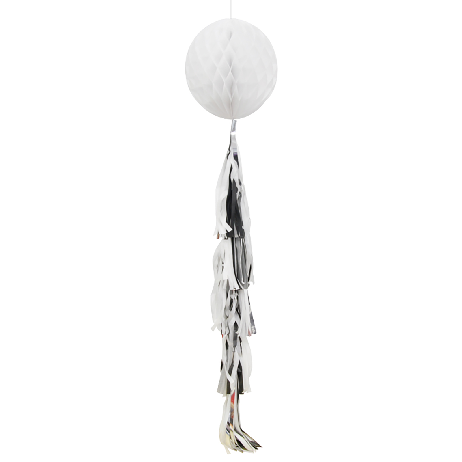 White Honeycomb Ball with Silver Foil, Black & Grey Tassel Tail
