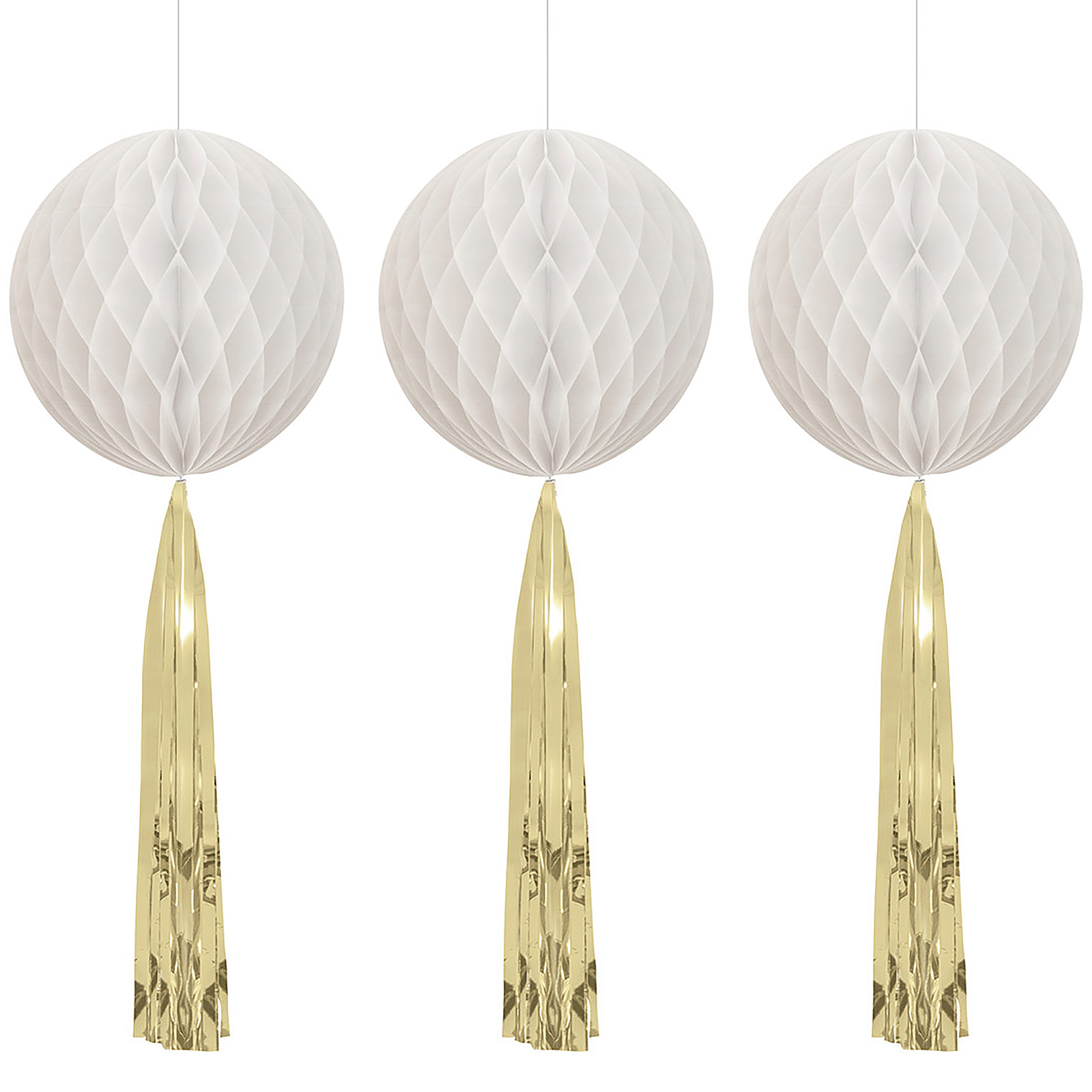White Honeycomb Balls with Gold Tassels (Pack of 3)