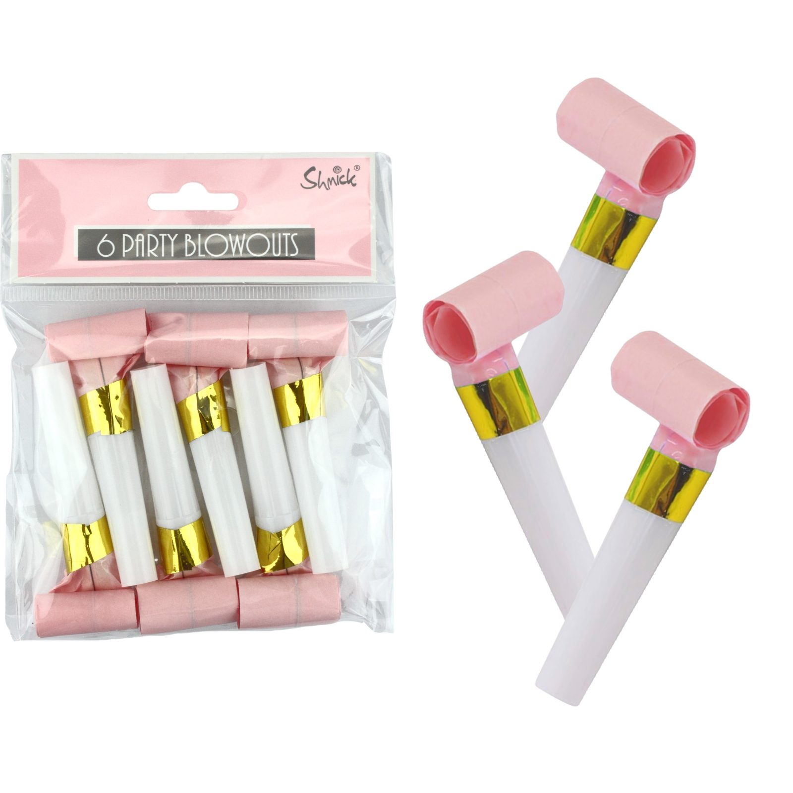 Light Pink and Gold Foil Party Blowers (Pack of 6)