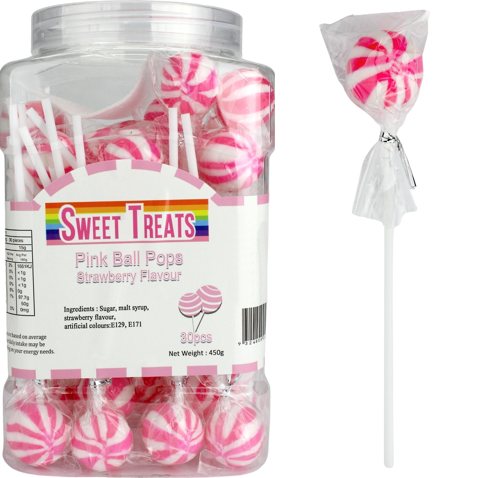 Pink Striped Ball Lollipops (Pack of 30)